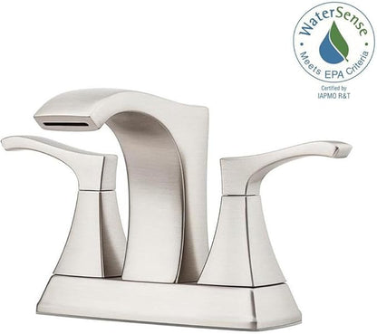 Pfister Venturi Bathroom Sink Faucet 4 in Centerset 3 Hole Double Handle Brushed Nickel Finish with Push & Seal Drain TiteSeal Technology WaterSense Certified LF048VNGS