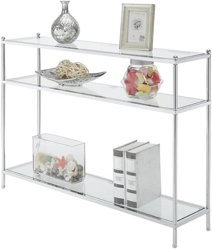 Convenience Concepts Royal Crest Glass Console Hall Table 42" - 3 Tier Modern, Contemporary Narrow Display Accent with Storage Shelves for Living Room, Entryway, Hallway, & Bedroom, Chrome