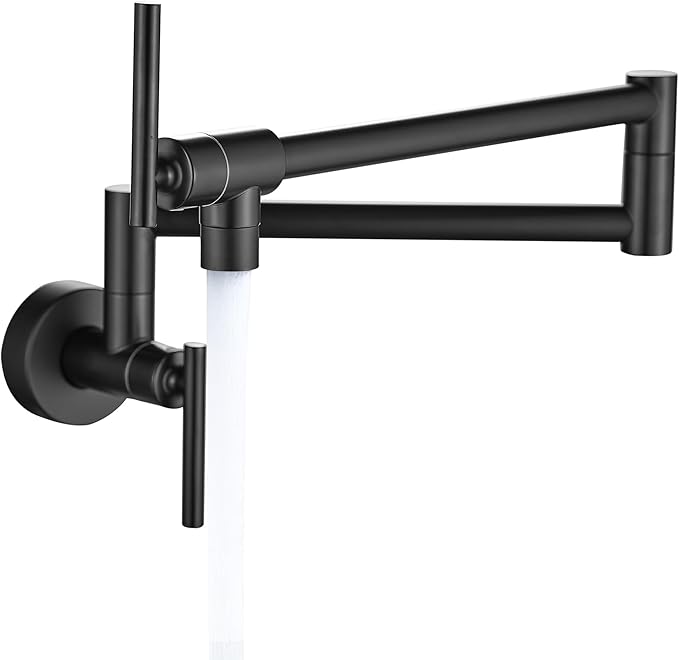 Fransiton Matte Black Pot Filler, Pot Filler Faucet Wall Mount, Brass Folding Stretchable with Double Joint Swing Arm Single Hole Two Handles Kitchen