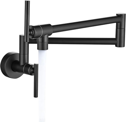 Fransiton Matte Black Pot Filler, Pot Filler Faucet Wall Mount, Brass Folding Stretchable with Double Joint Swing Arm Single Hole Two Handles Kitchen