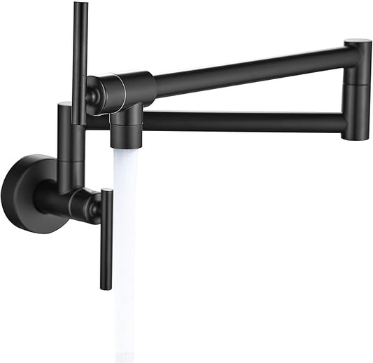 Fransiton Matte Black Pot Filler, Pot Filler Faucet Wall Mount, Brass Folding Stretchable with Double Joint Swing Arm Single Hole Two Handles Kitchen