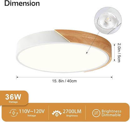 Vikaey Modern Dimmable Wood Ceiling Light, Minimalist LED 5CCT 2700K-6000K Flush Mount Ceiling Light Fixture, Round Lighting Lamp for Bedroom Living Room Dining Room Laundry, White, 15.8"
