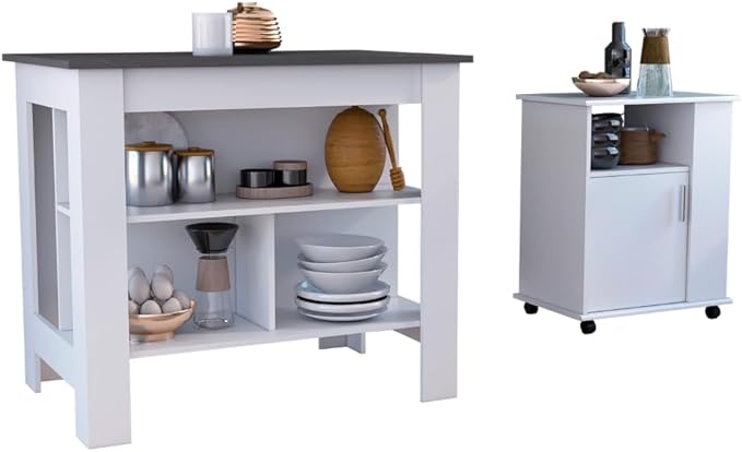 GOWE 2 Piece Kitchen Set, Delos Kitchen Island + Munich Lower Microwave Pantry Cabinet, White/Onyx