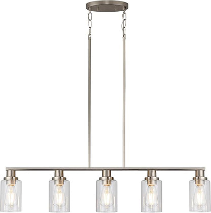 Kitchen Island Pendant Lighting, 5-Light Farmhouse Dining Room Light Fixture Over Table, Brushed Nickel Finish with Clear Glass Shade, Rustic Industrial Linear Chandelier for Kitchen Island