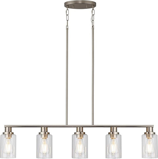 Kitchen Island Pendant Lighting, 5-Light Farmhouse Dining Room Light Fixture Over Table, Brushed Nickel Finish with Clear Glass Shade, Rustic Industrial Linear Chandelier for Kitchen Island