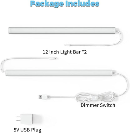 ASOKO HOME Dimmable Wired Under Cabinet Lighting - 2 Pack of 12-Inch Cold White 6000K Linkable USB LED Lights for Kitchen, Desk, Sink, and Workbench
