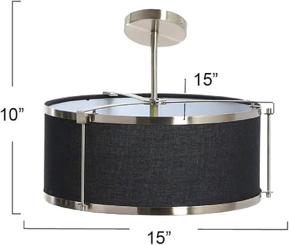 Harrison- Metal Semi-Flush Mount Ceiling Light with Captured Linen Shade, Black and Brushed Nickel