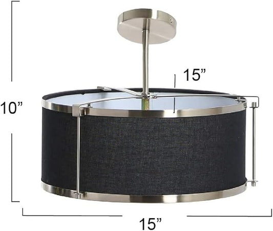 Harrison- Metal Semi-Flush Mount Ceiling Light with Captured Linen Shade, Black and Brushed Nickel