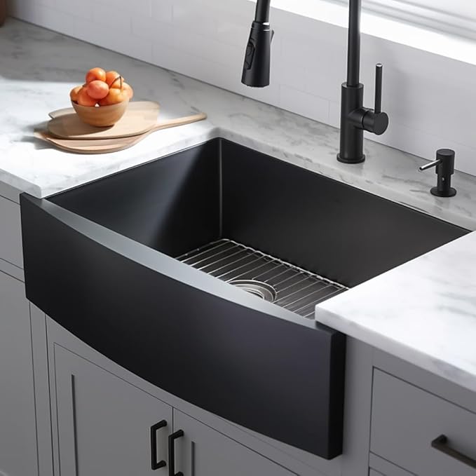 33 inch Black Farmhouse Sink, Modern Single Bowl Stainless Steel Apron Front Farmhouse Kitchen Sink with Dish Grid and Strainer