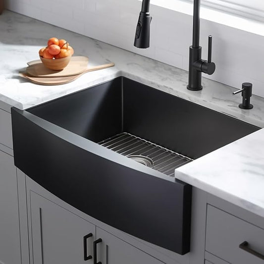 33 inch Black Farmhouse Sink, Modern Single Bowl Stainless Steel Apron Front Farmhouse Kitchen Sink with Dish Grid and Strainer