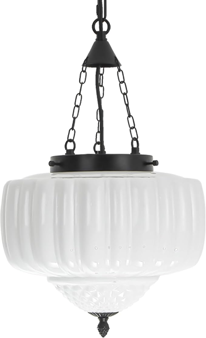 FCTWAKS Milk Glass Pendant Light, 12" Mid Century Modern Schoolhouse Ceiling Light Fixtures, Black Finish with Frosted Glass, Vintage Chandelier for Kitchen Island Dining Room, Bulb Included