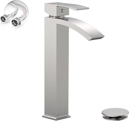 Brushed Nickel Vessel Sink Faucet, Greenspring Waterfall Bathroom Faucets, Tall Spout Single Handle Single Hole Bathroom Faucets with Pop Up Drain and Without Overflow Basin Faucet Supply Line