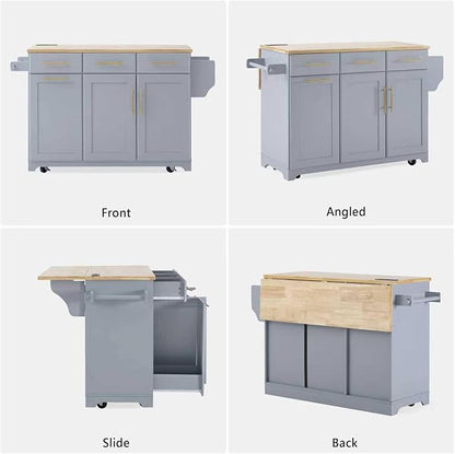 Merax 59.3" Grey Blue Kitchen Island with Storage, 2 Pull Out Cabinet Organizers & Rubber Wood Drop Leaf, Rolling Island Table with Trash Can Storage, Power Outlet, Spice Rack for Kitchen Dining