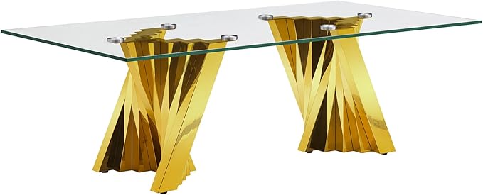 Henf Gold Glass Coffee Table with Mirrored Stainless Steel Base, 51" Rectangle Modern Living Room Cocktail Table for Home Office