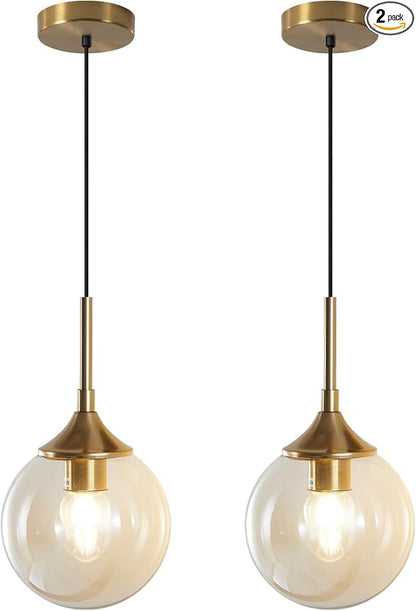 KCO Lighting Mid Century Modern Kitchen Island Pendant Lighting Gold 1-Light Amber Glass Globe Pendant Light Brushed Brass Large Living Room Pendant Light Fixture (2 Pack)