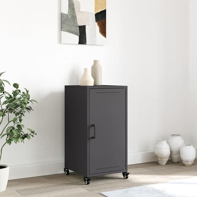 Black Cold-Rolled Steel Sideboard, Compact Rectangular Buffet Cabinet with Sliding Doors, 15.4" Deep, Modern Storage for Living Room, Kitchen, Coffee Station Dining Storage