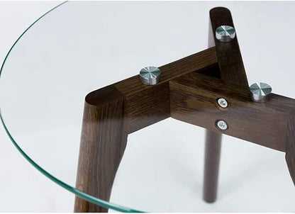 Triskele End Table, Walnut Minimalist Round Coffee Table, Mid Century Side Table with Tempered Glass Top Walnut Wood Legs (Medium)