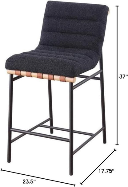 Lilola Home Lahni 18" W Black Boucle Fabric Counter Height Chair – Contemporary Upholstered Bar Stool with Cognac PU Leather Detail and Fully Assembled Design for Kitchen Dining Room