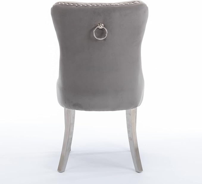 Ball & Cast Contemporary Upholstered Dining Chairs Set of 2, Velvet Button Tufted Kitchen Side-Chairs with Hang Ring & Nailhead Trims & Chrome Solid Wood Legs, 2-Piece Traditional Chair, Chrome+Gray