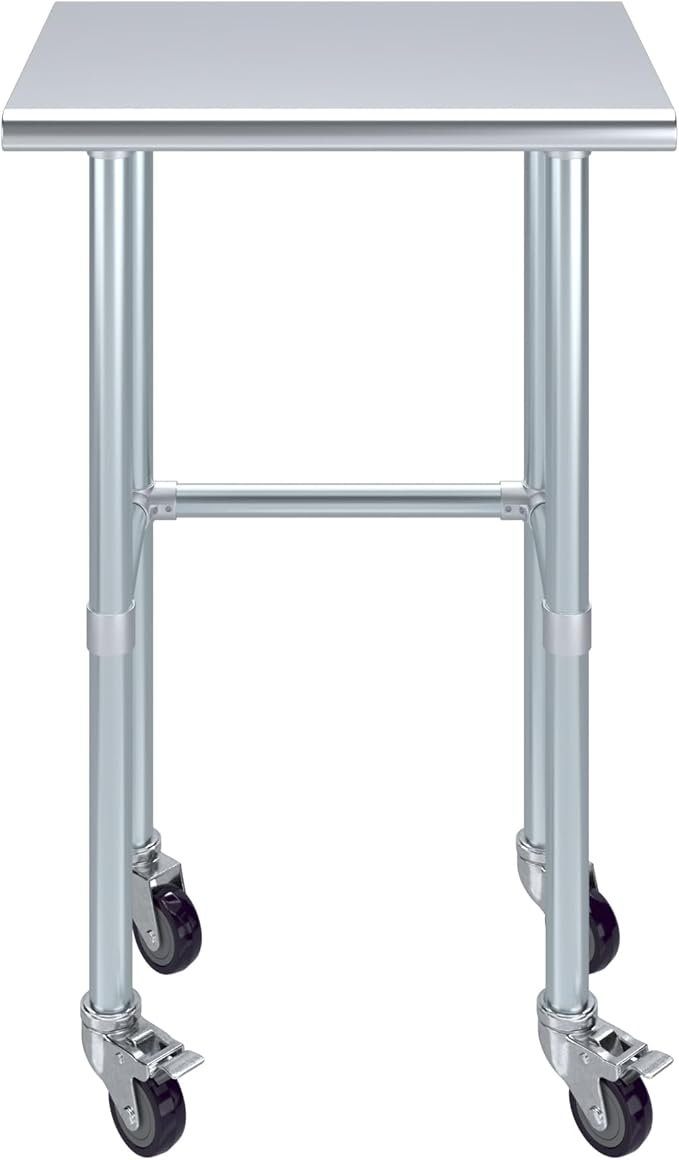 Stainless Steel Work Table Open Base & Wheels | NSF Kitchen Island Food Prep | Laundry Garage Utility Bench (24" Long x 18" Deep)