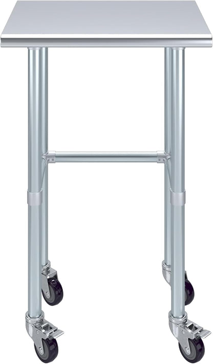 Stainless Steel Work Table Open Base & Wheels | NSF Kitchen Island Food Prep | Laundry Garage Utility Bench (24" Long x 18" Deep)