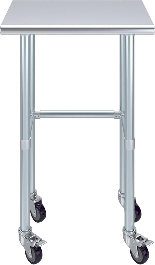 Stainless Steel Work Table Open Base & Wheels | NSF Kitchen Island Food Prep | Laundry Garage Utility Bench (24" Long x 18" Deep)