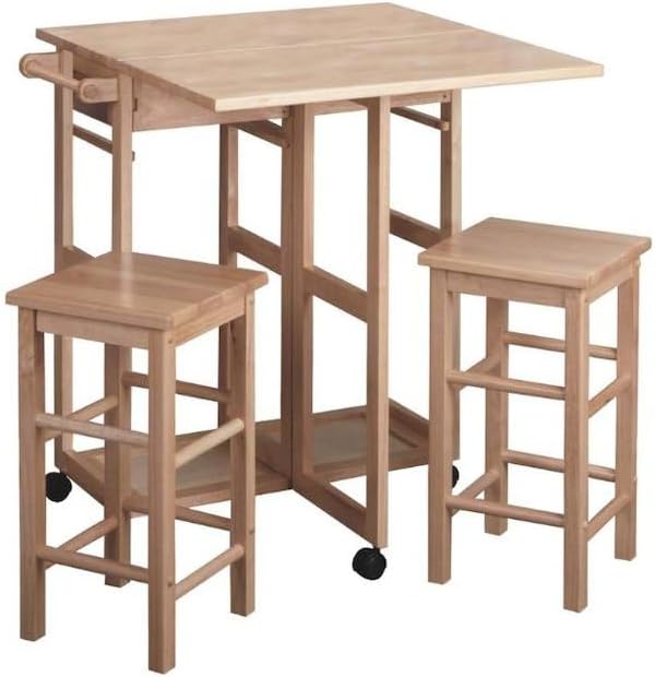 Furnifact Folding Kitchen Trolley Drop Leaf Table with Two Stools, Compact Folding Dining Table with Chairs and Storage, Small Kitchen Cart with Seating