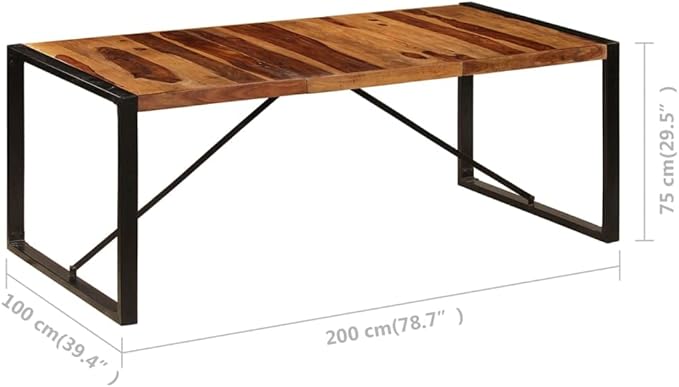 Natural Acacia Wood Dining Table, 78.7-inch Rectangular Kitchen Dinner Table, Polished Finish, Industrial Black Metal Frame for 8 People, Indoor Dining Room Furniture