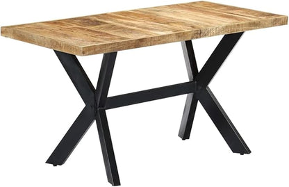 Industrial Rectangular Dining Table Solid Mango Wood Black Steel Frame, 55.1x27.6x29.5 in Modern Design for Dining Room Kitchen Accommodates 6 People