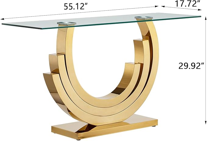 Modern Glass Console Table, 55" Entryway Sofa Table with Gold Stainless Steel Frame and Clear Tempered Glass Top, Rectangular Console Table Accent Entryway Table for Living Room