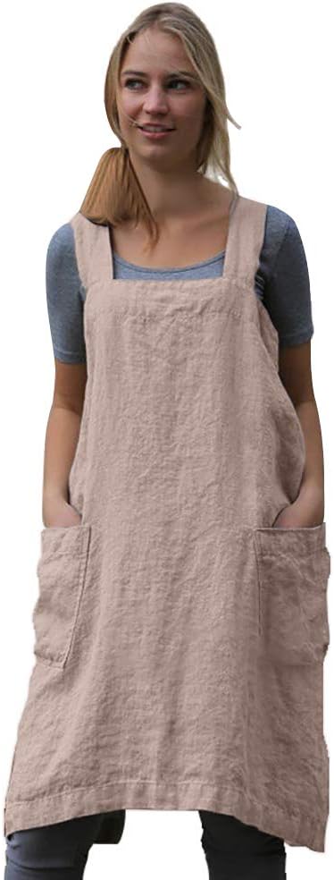 Larmliss Women's Pinafore Square Apron Baking Cooking Gardening Works Cross Back Cotton/Linen Blend Dress with 2 Pockets
