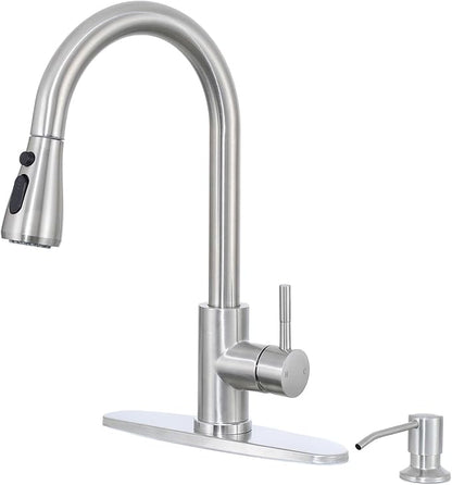 HOTIS Kitchen Faucet with Soap Dispenser, Brushed Nickel Kitchen Faucet with Pull Down Sprayer 3 Modes, High Arc Single Handle RV Bar Sink Faucets for Farmhouse RV Laundry Camper, HT-SLYT004L-S-1
