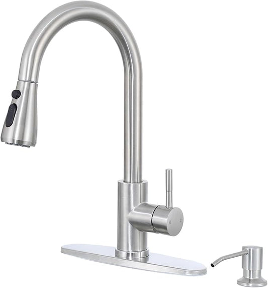 HOTIS Kitchen Faucet with Soap Dispenser, Brushed Nickel Kitchen Faucet with Pull Down Sprayer 3 Modes, High Arc Single Handle RV Bar Sink Faucets for Farmhouse RV Laundry Camper, HT-SLYT004L-S-1