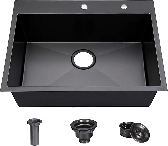 COMLLEN 33"x22"x9" Black Drop In Kitchen Sink, Top Mount SUS304 Stainless Steel Gunmetal Black 18 Gauge Large Commercial Modern Handmade Kitchen Sinks with Drain