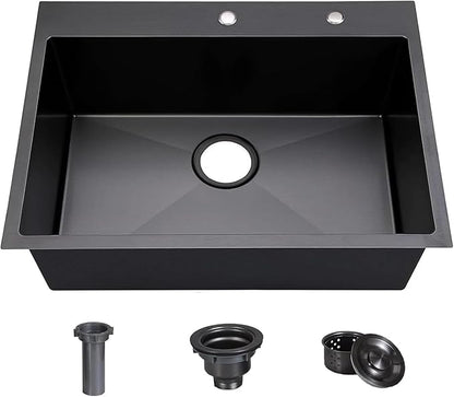 COMLLEN 33"x22"x9" Black Drop In Kitchen Sink, Top Mount SUS304 Stainless Steel Gunmetal Black 18 Gauge Large Commercial Modern Handmade Kitchen Sinks with Drain