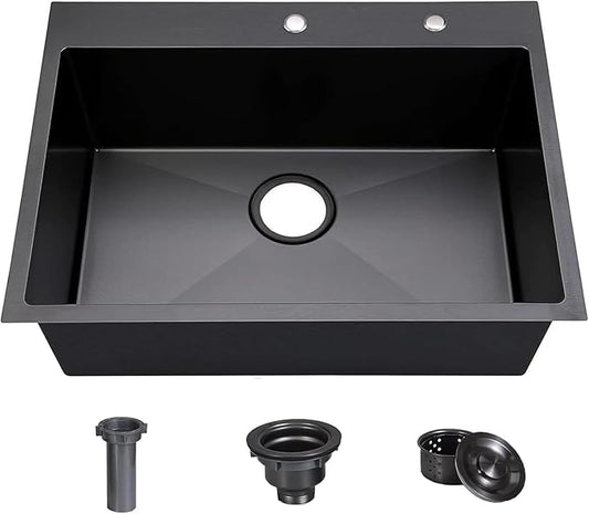 COMLLEN 33"x22"x9" Black Drop In Kitchen Sink, Top Mount SUS304 Stainless Steel Gunmetal Black 18 Gauge Large Commercial Modern Handmade Kitchen Sinks with Drain