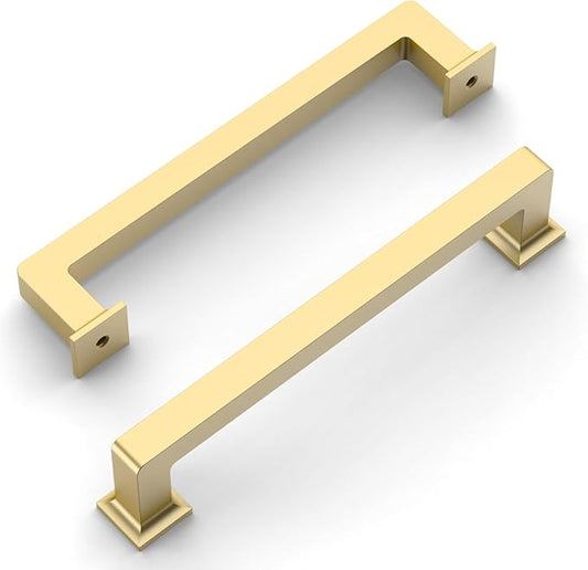 Amerdeco 10 Pack Brushed Gold Cabinet Pulls, 6.3 Inch(160MM) Hole Centers, Kitchen Cabinet Hardware, Modern Style, Indoor Use, Brass Material, Gold Finish