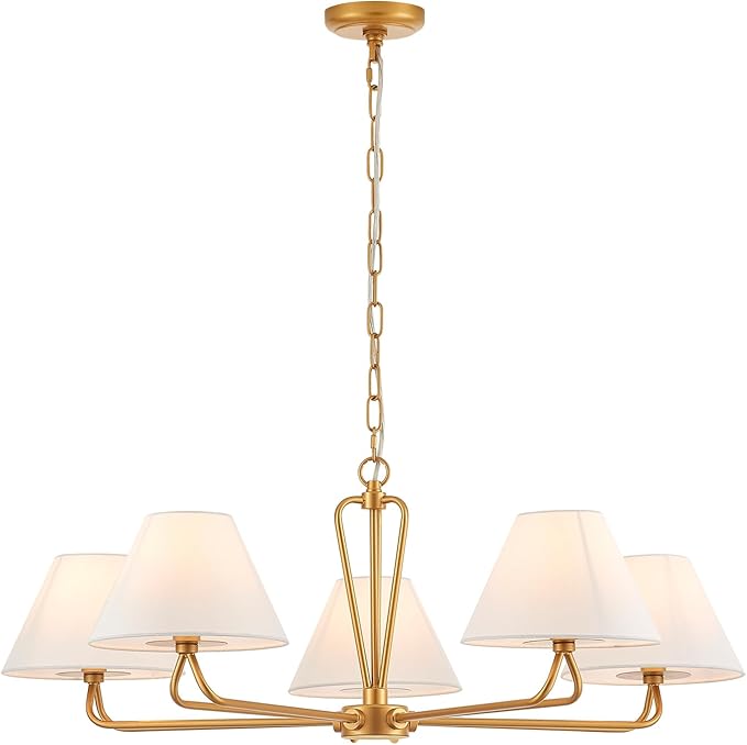 VILUXY Modern Gold Chandelier 5-Light Farmhouse Chandelier with White Fabric Shade 35’’ Large Dining Room Light Fixture Adjustable Pendant Lighting for Kitchen Island Living Room, UL Listed