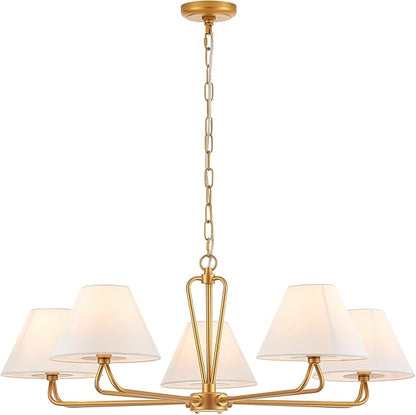 VILUXY Modern Gold Chandelier 5-Light Farmhouse Chandelier with White Fabric Shade 35’’ Large Dining Room Light Fixture Adjustable Pendant Lighting for Kitchen Island Living Room, UL Listed