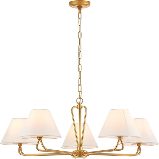 VILUXY Modern Gold Chandelier 5-Light Farmhouse Chandelier with White Fabric Shade 35’’ Large Dining Room Light Fixture Adjustable Pendant Lighting for Kitchen Island Living Room, UL Listed