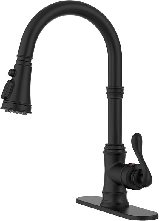 BWE Black Kitchen Faucet with Pull Down Sprayer, Solid Brass High Arc Single Handle Sink Faucet for Farmhouse Kitchen, 3 Spray Modes