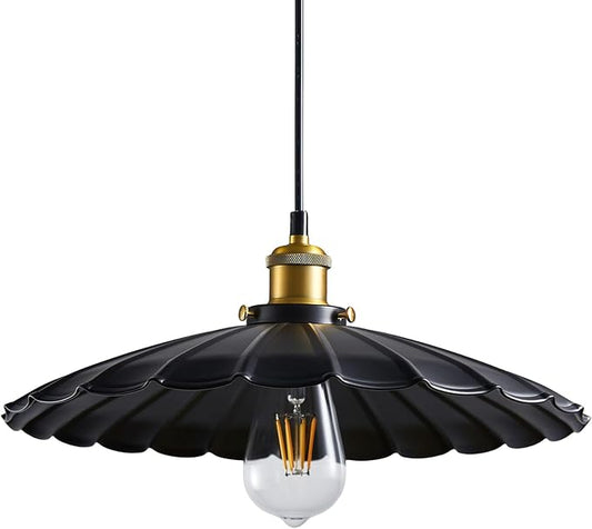 Hanging Light Fixture, Metal Pleated Lampshade Kitchen Island Pendant Lights Black Hanging Light Fixture 15.7 Inch Hanging Pendant Light 6.5Ft Height Adjustable