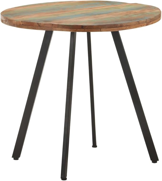 Round Dining Table 31.5 Inch Reclaimed Wood Top with Black Metal Base Compact Space Saving Design for Small Dining Room Kitchen and Breakfast Nook