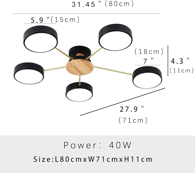 5-Lights LED Ceiling Light Fixture,32 Inch Modern Ceiling Lights Flush Mount Wooden 40W Dimmable Chandelier for Living Room Bedroom Kitchen,3000K/4000K/6000K Black
