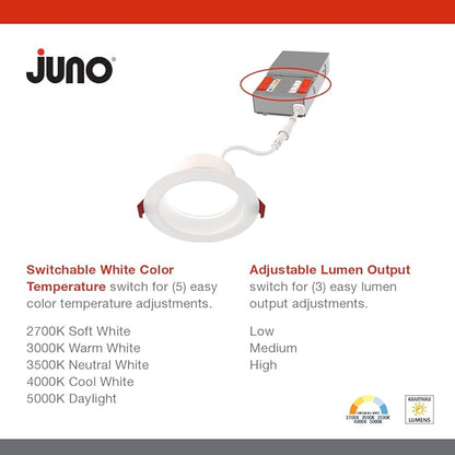 Juno LED Recessed Lights 6 Inch Round Wafer Downlight, 5-in-1 Switchable White Color Temperature, Adjustable Brightness, Deep Regressed Smooth Trim, 6-Inch, Matte White, 6-Pack