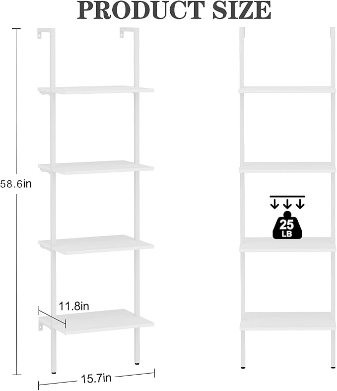 Wolawu Ladder Shelf 4 Tiers Metal Industrial Bookshelf,White Wooden Tall Open Storage Rack and Display Shelves,Wall Mount Wide Bookcase for Home Office Bedroom,Small