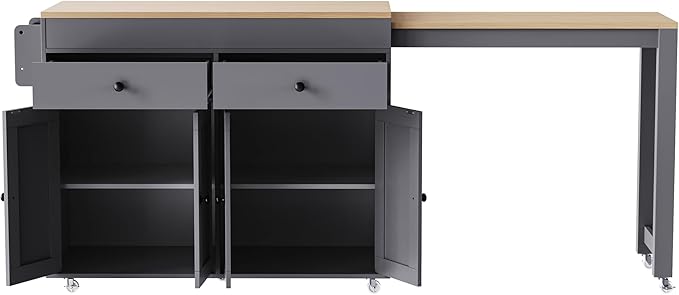 Ball & Cast 75" Kitchen Island with Extendable Dining Table,Rolling Dining Islands Cart On Wheels W/Spice Rack & 2 Drawers,Mobile Storage Kitchen Cart W/ 4 Door Cabinet,for Kitchen,Dining Room,Grey
