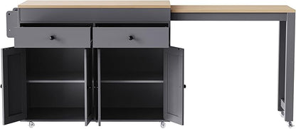 Ball & Cast 75" Kitchen Island with Extendable Dining Table,Rolling Dining Islands Cart On Wheels W/Spice Rack & 2 Drawers,Mobile Storage Kitchen Cart W/ 4 Door Cabinet,for Kitchen,Dining Room,Grey
