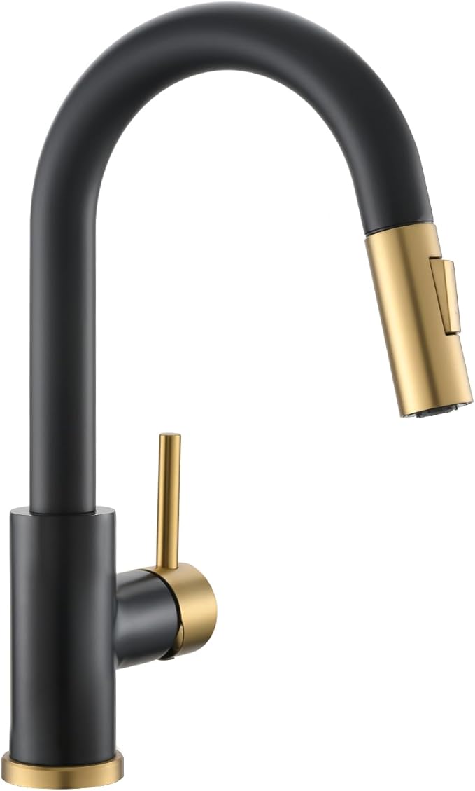 CENOSA Modern Bar Sink Faucet for Kitchen Sink Single Handle with Pull Out Sprayer Hot and Cold Prep Sink Faucet Black and Gold