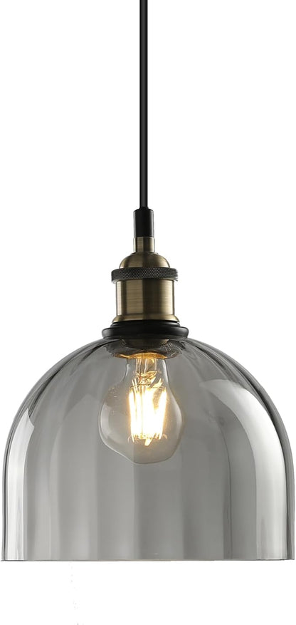 Modern Pendant Lights for Kitchen Island, Industrial Rustic Hanging Ceiling Lighting Fixtures, Glass Dome Lampshade Chandelier, 7.86" Handmade Bell Shaped Lamp Shade, Smoke Grey